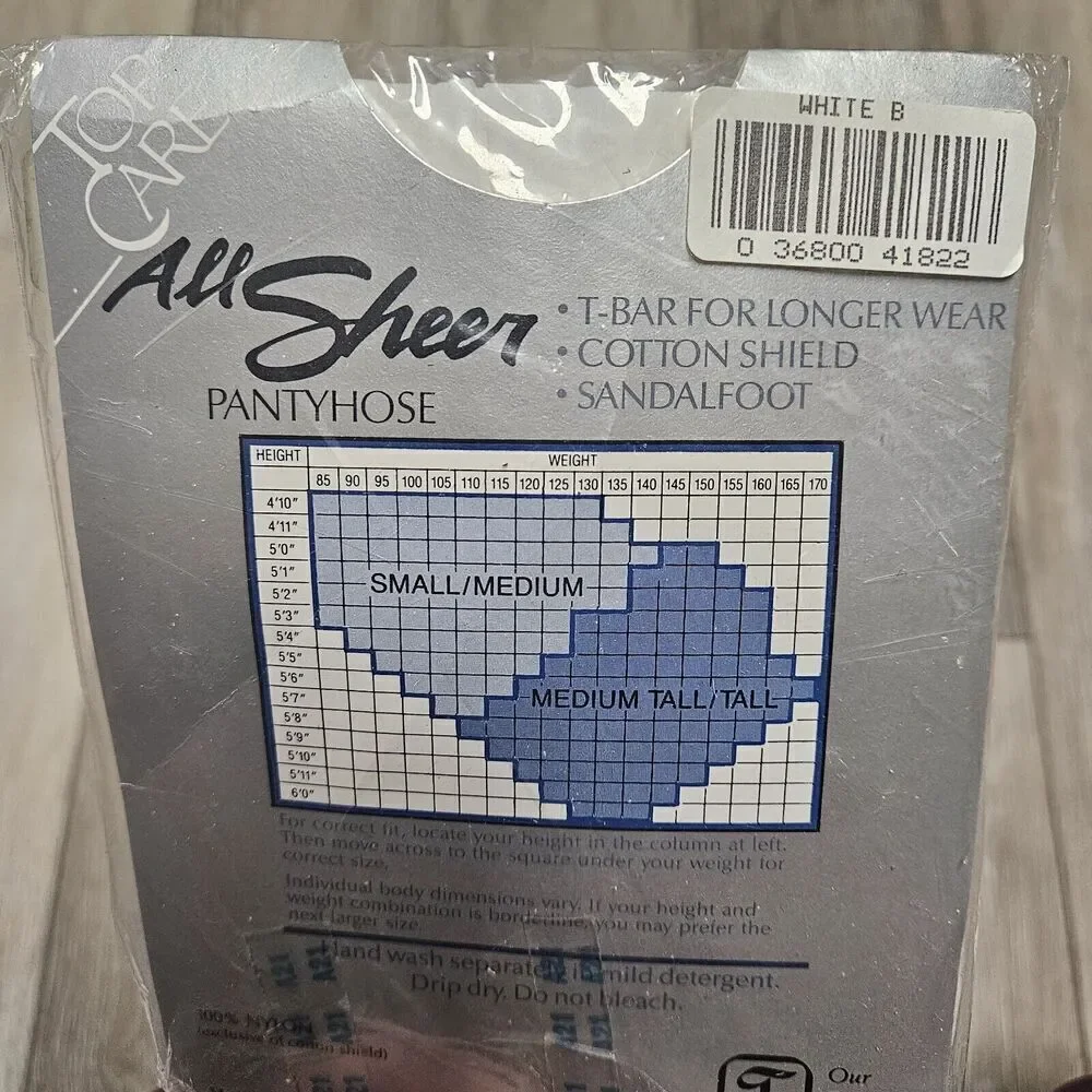 Top Care All Sheer Pantyhose Size Medium Tall White Sandalfoot Cotton Shield New